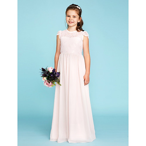 

Princess Floor Length Junior Bridesmaid Dress Party Chiffon Short Sleeve Crew Neck with Buttons / Wedding Party / See Through