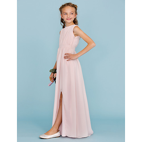 

Sheath / Column Crew Neck Floor Length Chiffon Junior Bridesmaid Dress with Sash / Ribbon / Draping / Split Front / Wedding Party / Furcal