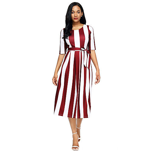 

Women's Loose Midi Dress Blue Purple Wine Green Black Half Sleeve Striped Fall Round Neck Party Holiday S M L XL XXL