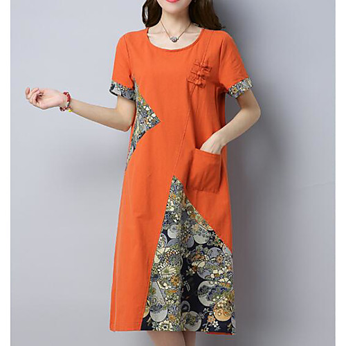 

Women's Loose Knee Length Dress Blue Green Orange Short Sleeve Patchwork Fall Summer Round Neck Chinoiserie Going out M L XL XXL / Cotton / Cotton