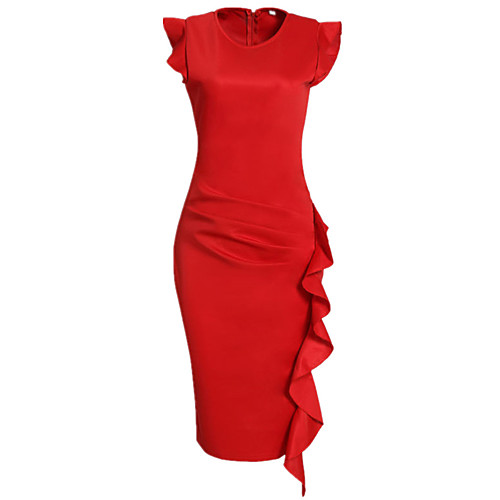 

Women's Bodycon Knee Length Dress Blue Black Red Sleeveless Red Solid Colored Ruched Ruffle Summer Round Neck Slim Ruffle S M L XL XXL