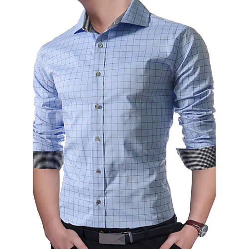 

Men's Shirt Check Print Long Sleeve Daily Tops Cotton White Wine Royal Blue
