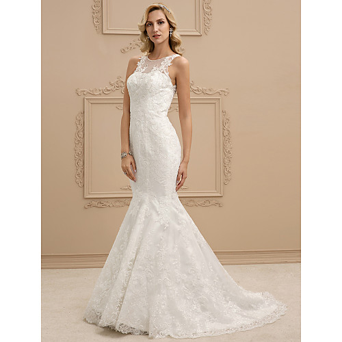 

Mermaid / Trumpet Wedding Dresses Bateau Neck Sweep / Brush Train All Over Lace Regular Straps Sexy Illusion Detail Backless with Beading Appliques 2021