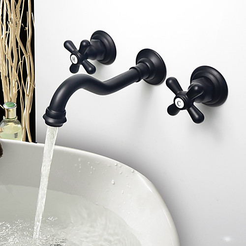 

Brass Bathroom Wall Mounted Sink Faucet,Widespread Oil-rubbed Bronze Two Handles Three Holes Bath Taps with Hot and Cold Water