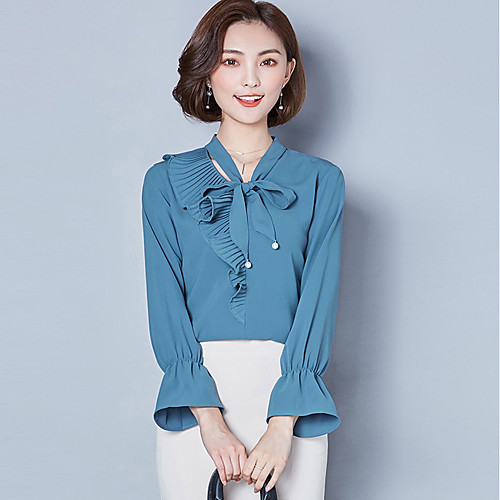 

Women's Solid Colored Bow Blouse Street chic Daily V Neck White / Blue