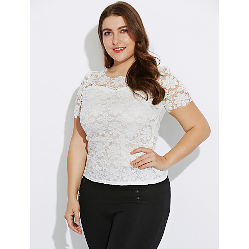 

Women's Blouse Solid Colored Plus Size Lace Short Sleeve Daily Tops White Black Fuchsia