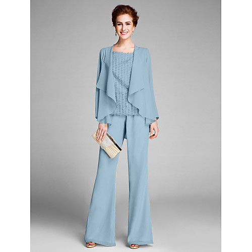 

Pantsuit / Jumpsuit Mother of the Bride Dress Jumpsuits Scoop Neck Floor Length Chiffon Long Sleeve with Flower 2021