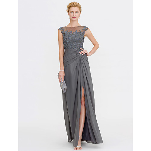 

A-Line Mother of the Bride Dress Elegant See Through Bateau Neck Floor Length Chiffon Lace Sleeveless with Side Draping 2021