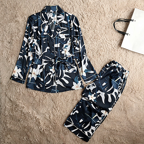 

Women's Satin Shirt Collar Pajamas Floral