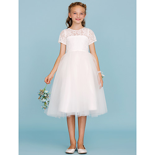 

Ball Gown Knee Length Junior Bridesmaid Dress Party Lace Short Sleeve Crew Neck with Pleats / Wedding Party