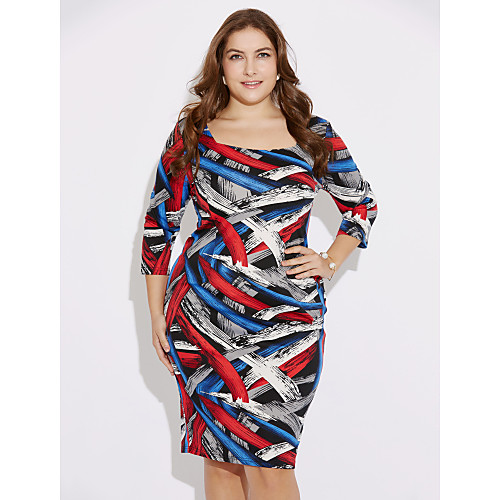 

Women's Bodycon Knee Length Dress Rainbow 3/4 Length Sleeve Geometric Split Square Neck Streetwear Slim S M L XL XXL 3XL 4XL 5XL / Plus Size / Plus Size