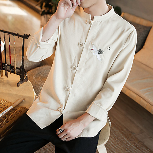 

Men's Shirt Embroidery Solid Colored Embroidered Long Sleeve Party Tops Standing Collar Blue Army Green White / Fall / Winter / Club
