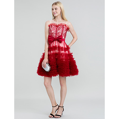 

Ball Gown Color Block Lace Up See Through Cocktail Party Dress Jewel Neck Sleeveless Short / Mini Lace Tulle with Sash / Ribbon Bow(s) Tiered 2020