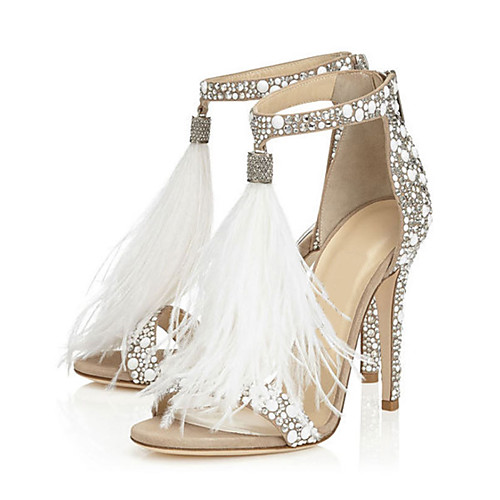 

Women's Sandals Furry Feather Stiletto Heel Open Toe High Heel Sandals Sweet Wedding Party & Evening PU Rhinestone Feather Tassel Solid Colored Summer Almond / EU41