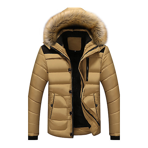 

Men's Padded Daily Winter Short Coat Hooded Regular Fit Streetwear Jacket Long Sleeve Solid Colored Oversized Wine Khaki / Plus Size