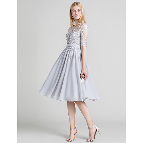 

A-Line / Princess Jewel Neck Knee Length Chiffon / Lace Open Back / See Through Cocktail Party / Prom Dress with Beading / Appliques / Sash / Ribbon by TS Couture / Illusion Sleeve