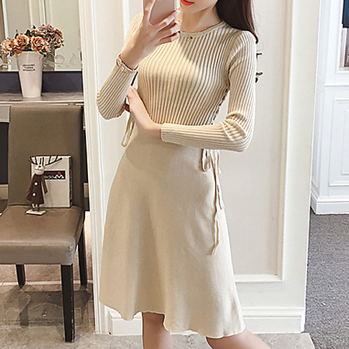 

Women's A Line Dress Knee Length Dress Black Beige Long Sleeve Solid Colored Fall Winter Round Neck Going out S M L