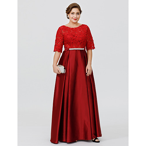 

Ball Gown A-Line Mother of the Bride Dress Classic & Timeless Elegant & Luxurious Plus Size Jewel Neck Floor Length Lace Over Satin Half Sleeve with Sash / Ribbon 2021