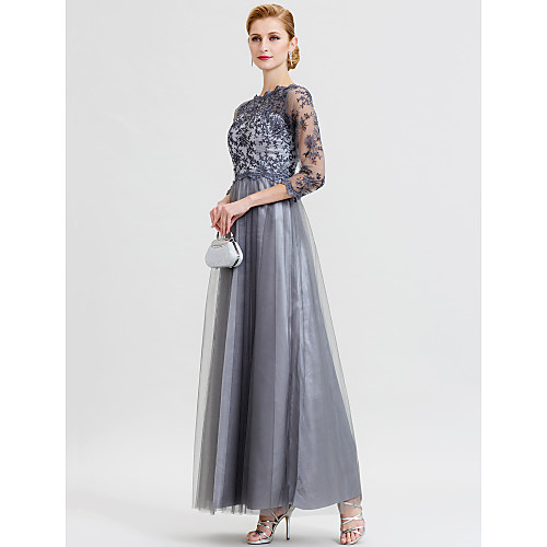 

Ball Gown A-Line Mother of the Bride Dress Beautiful Back See Through Illusion Neck Floor Length Floral Lace Lace Over Tulle 3/4 Length Sleeve with Appliques 2021