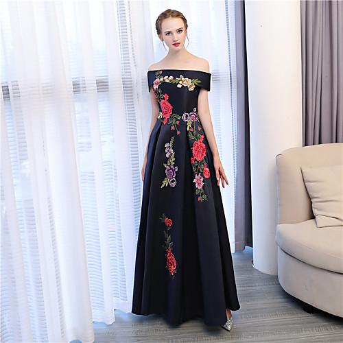 

A-Line Floral Wedding Guest Formal Evening Dress Off Shoulder Sleeveless Floor Length Satin Satin Chiffon with Embroidery Appliques 2021