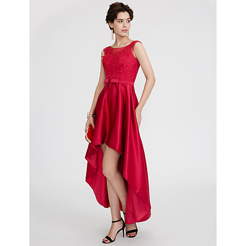 

A-Line Open Back High Low Prom Formal Evening Dress Jewel Neck Sleeveless Asymmetrical Lace Satin with Lace Sash / Ribbon Pleats 2020
