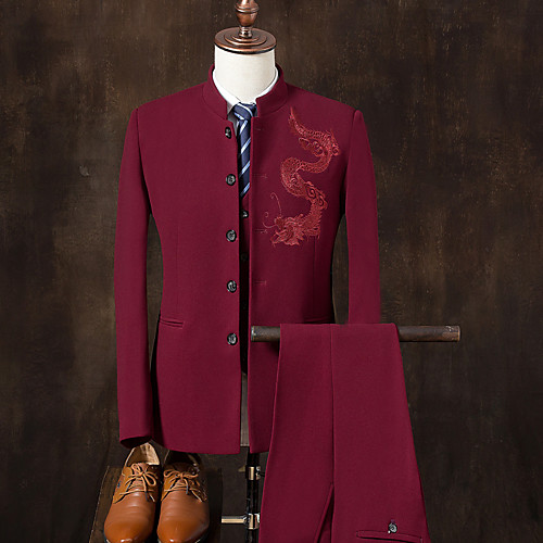 

Men's Suits Daily Chinoiserie Slim Polyester Men's Suit White / Wine / Black - Stand Collar / Embroidered / Fall / Spring / Long Sleeve / Plus Size