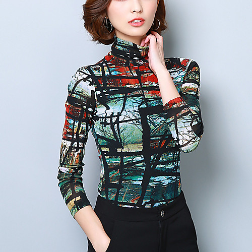 

Women's T shirt Abstract Plus Size Patchwork Print Long Sleeve Going out Tops Cotton Khaki Green