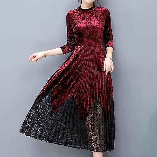 

Women's A Line Dress Midi Dress Blue Wine Green Black Long Sleeve Solid Colored Lace Trims Fall Round Neck Going out Velvet M L XL XXL 3XL / Plus Size / Plus Size