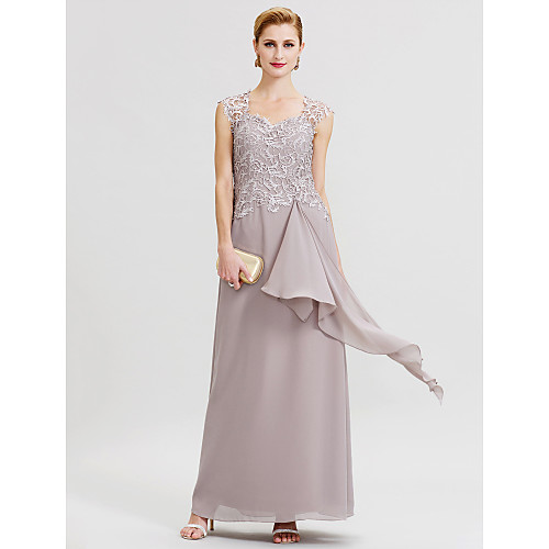 

Sheath / Column Mother of the Bride Dress Elegant See Through Queen Anne Floor Length Chiffon Corded Lace Sleeveless with Pleats Ruffles 2021