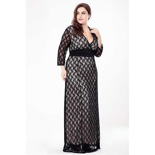 

Women's Plus Size A-Line Dress Black Maxi long Dress - 3/4 Length Sleeve Jacquard Solid Colored Lace Cut Out Fall Winter V Neck Sophisticated Party Daily Lace Black Beige XXL XXXL XXXXL XXXXXL XXXXXXL