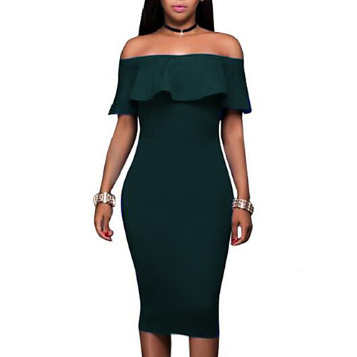 

Women's Bodycon Midi Dress Wine Green Black Red Navy Blue Long Sleeve Solid Colored Ruffle Fall Summer Boat Neck Petal Sleeves Slim Off Shoulder S M L XL XXL