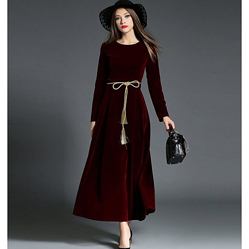 

Women's Swing Dress Maxi long Dress Blue Wine Black Long Sleeve Solid Colored Fall Winter Round Neck Velvet S M L XL