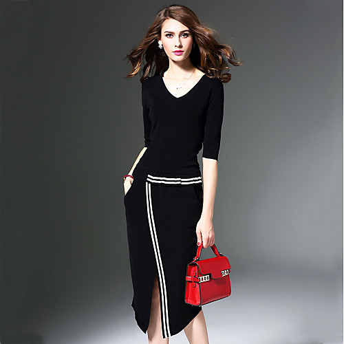 

Women's Sheath Dress Midi Dress Black Half Sleeve Solid Colored Fall Spring V Neck Streetwear Party Going out Split S M L XL XXL 3XL / Plus Size / Plus Size