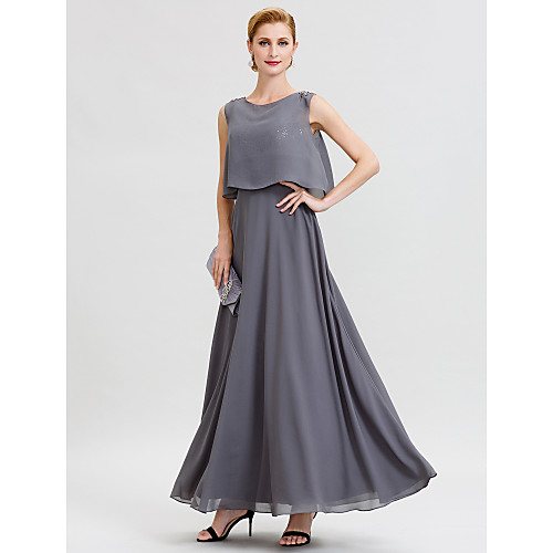 

A-Line Mother of the Bride Dress Open Back Two Piece Jewel Neck Ankle Length Chiffon Sequined Sleeveless with Sashes / Ribbons Beading 2021