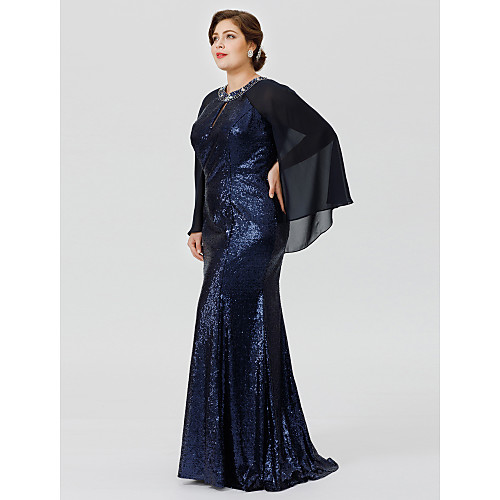 

Mermaid / Trumpet Mother of the Bride Dress Chic & Modern Glamorous & Dramatic Plus Size Jewel Neck Floor Length Chiffon Sequined 3/4 Length Sleeve with Crystals Beading 2021