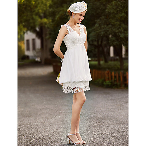 

Sheath / Column Wedding Dresses V Neck Short / Mini Chiffon Corded Lace Regular Straps Country Romantic Casual Little White Dress Illusion Detail with Appliques 2021