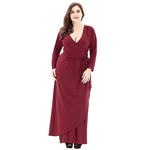 

Women's Plus Size Maxi long Dress - Long Sleeve Solid Colored Fall Winter Deep V Basic Daily Wine Black XL XXL XXXL XXXXL XXXXXL XXXXXXL