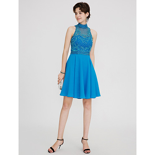 

A-Line High Neck Short / Mini Chiffon Sparkle & Shine / Open Back Cocktail Party / Prom Dress with Beading / Lace / Pleats by TS Couture