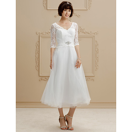 

A-Line Wedding Dresses V Neck Tea Length Tulle Sheer Lace Half Sleeve Casual Little White Dress Illusion Sleeve with Lace Beading 2021