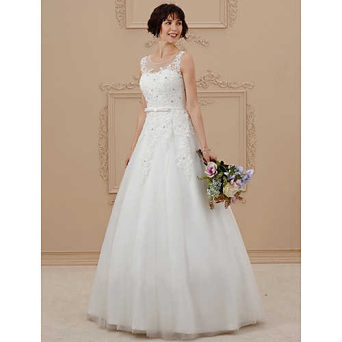 

A-Line Wedding Dresses Scoop Neck Floor Length Lace Tulle Regular Straps Romantic Illusion Detail with Beading Appliques 2021