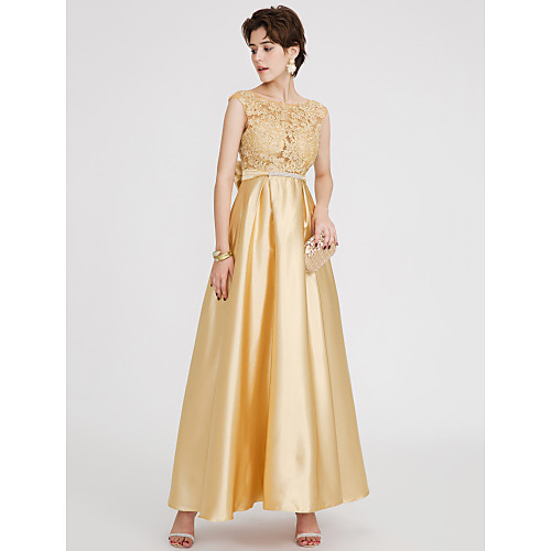 

A-Line Beautiful Back Elegant Formal Evening Dress Jewel Neck Sleeveless Floor Length Lace Charmeuse with Lace Sash / Ribbon Bow(s) 2021