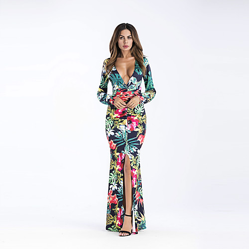 

Women's Bodycon Maxi long Dress Green Long Sleeve Floral Fall Winter Deep V Party Club Floral S M L XL XXL
