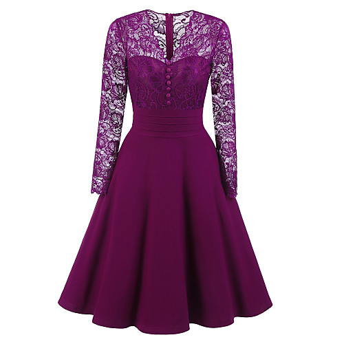 

Women's Sheath Dress Knee Length Dress Purple Wine Black Navy Blue Long Sleeve Solid Colored Fall V Neck Lace S M L XL XXL