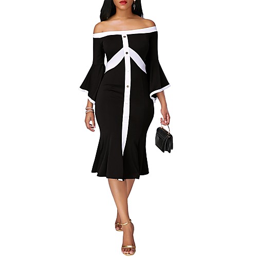 

Women's Bodycon Midi Dress Black 3/4 Length Sleeve Black & White Color Block Patchwork Boat Neck Slim Off Shoulder M L XL XXL / Sexy