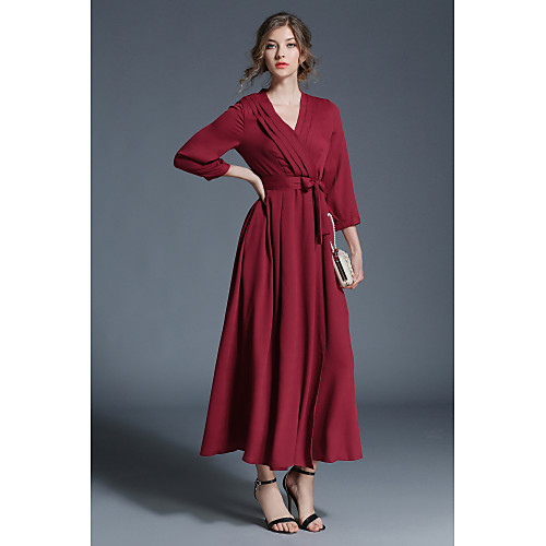 

Women's Sheath Dress Maxi long Dress Wine 3/4 Length Sleeve Solid Colored Pleated Fall Winter V Neck Streetwear Party Going out Lantern Sleeve S M L XL