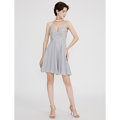 

A-Line V Neck Short / Mini Chiffon Sparkle & Shine / Open Back Cocktail Party Dress with Beading / Pleats by TS Couture