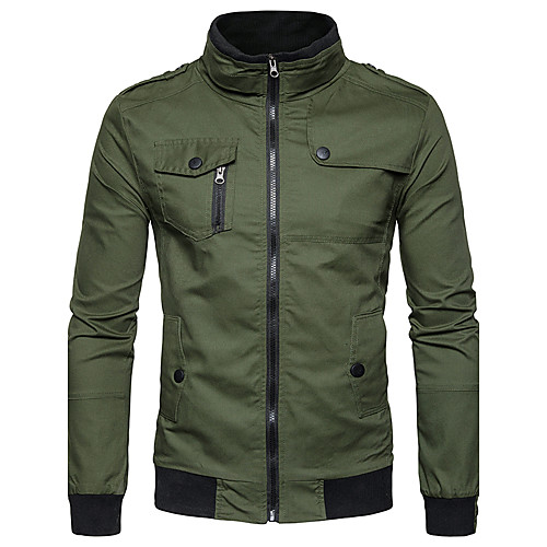 

Men's Jacket Daily Fall Winter Regular Coat Stand Collar Streetwear Jacket Long Sleeve Solid Colored Army Green Khaki