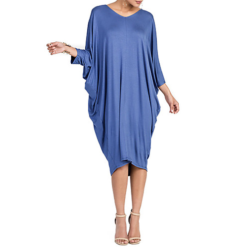 

Women's T Shirt Dress Tee Dress Midi Dress Blue Wine Black 3/4 Length Sleeve Blue Solid Colored Fall Spring V Neck Batwing Sleeve Oversized S M L XL XXL 3XL / Plus Size / Plus Size