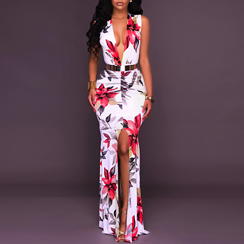 

Women's Bodycon Maxi long Dress White Sleeveless White Floral Split Summer Deep V Party Floral