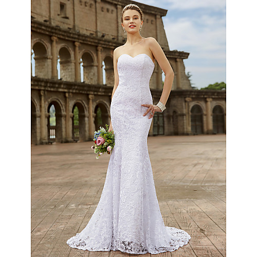 

Mermaid / Trumpet Wedding Dresses Sweetheart Neckline Sweep / Brush Train Lace Strapless Country Plus Size with Appliques 2021
